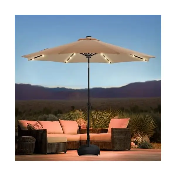 9 FT Solar-Powered Round Patio Umbrella with Integrated Sand Base • 32 High-Lumen LED Lights • 8 Reinforced Alloy Steel Ribs • F