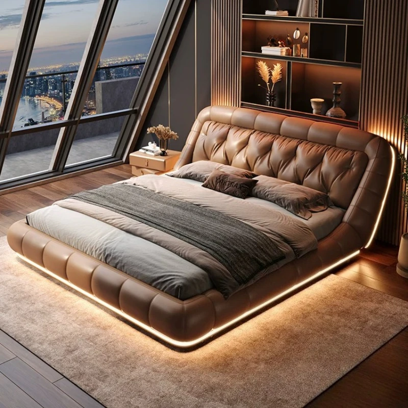 lit 180x200 Italian style minimalist floating double bed genuine leather high end luxury bedroom beds and bed frames furniture