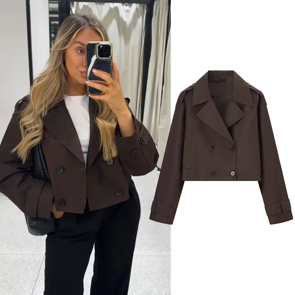 Gabardina marrón para mujer, gabardina urbana de manga larga recortada, gabardina informal clásica de tendencia 2025, chaquetas de abrigo