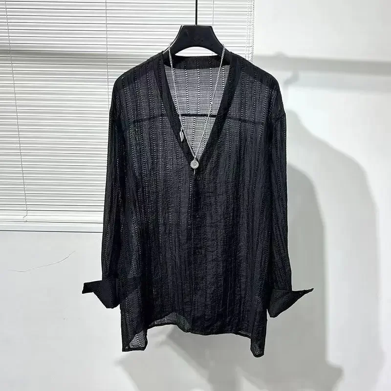 

Transparent Thin Mesh Tops Men Vintage Button-up V Neck Shirts for Mens Long Sleeve Solid Color Cardigan Spring Men's Clothing
