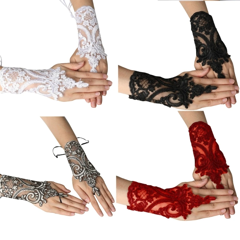 

28TF Wedding Party Embroidery Lace Bracelet Medieval Finger Anti-slip Glove for Woman