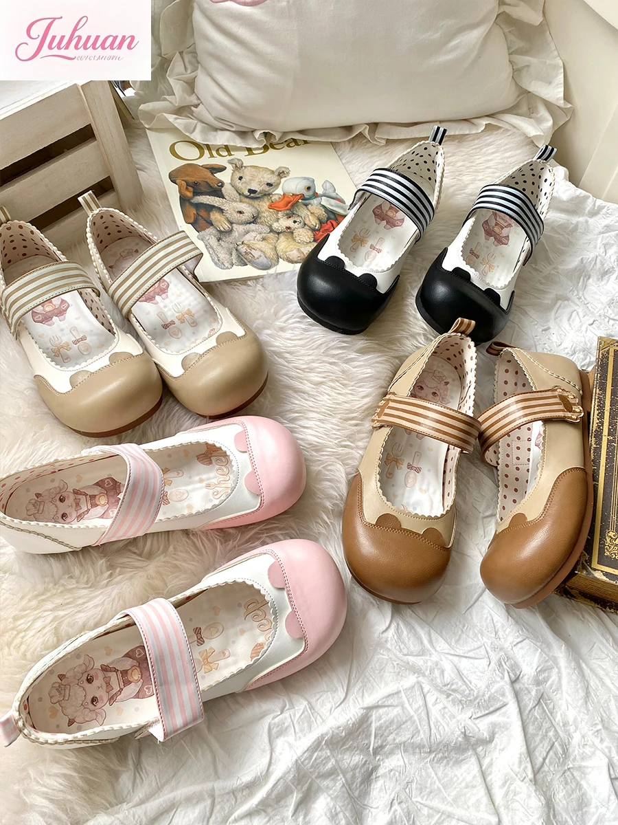 

Kawaii Japanese Original Soft Cute Sweet Flat Shoes Lolita Bear Velcro Versatile Single Shoe Girl Round Head Small Leather Shoes