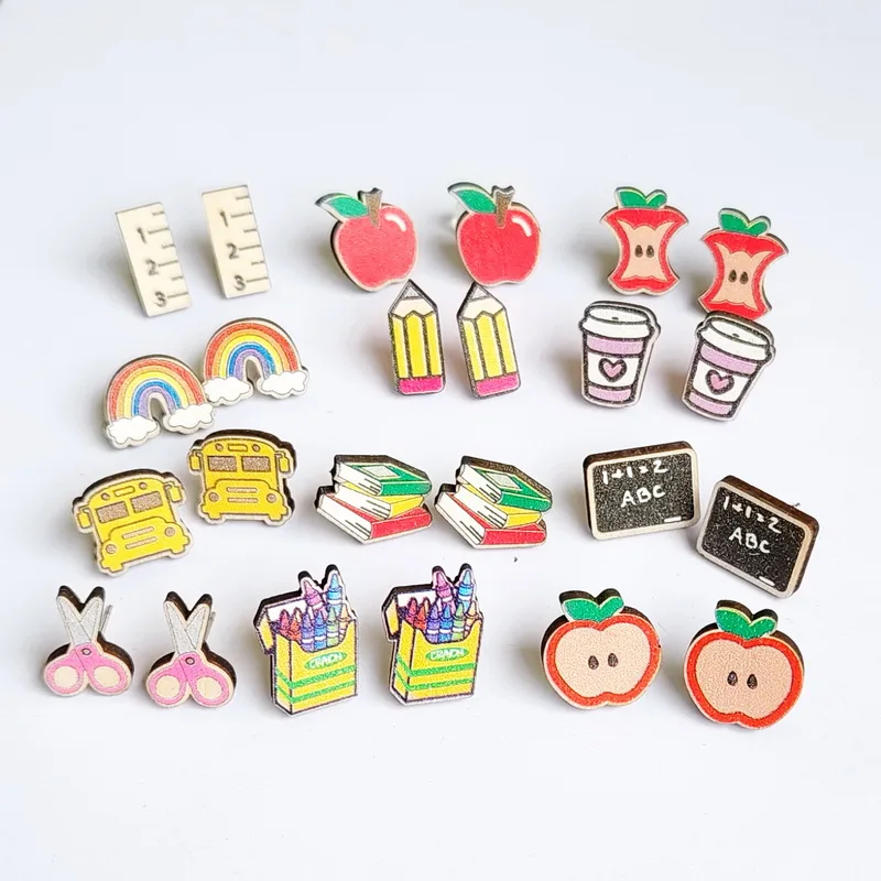 Back to School Bus Books Blackboard Crayon Scissors Rulers Rainbow Apples Soda Cup Cute Little Studs Earrings for Woman