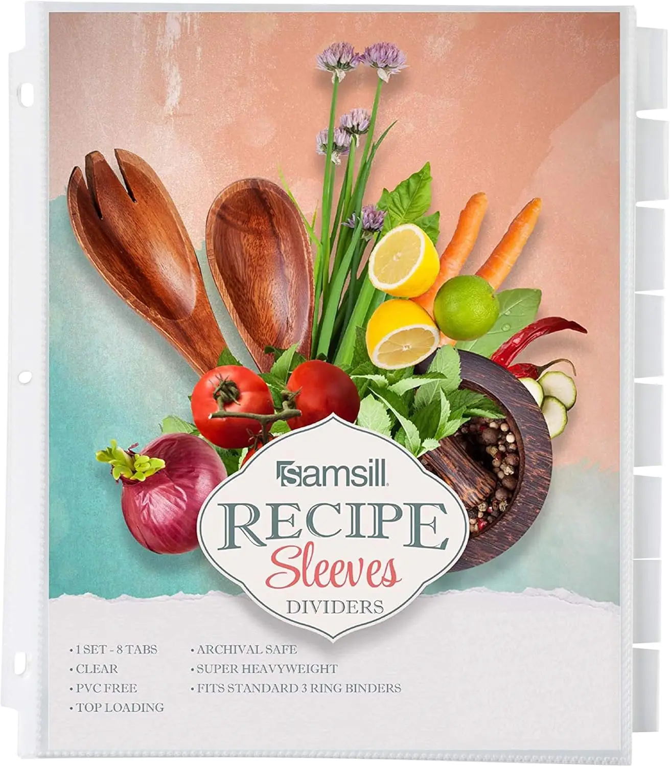 

8-Tab Recipe Dividers, Heavyweight Sheet Protectors, Customizable, Top Loading, Archival Safe for 3-Ring Binders