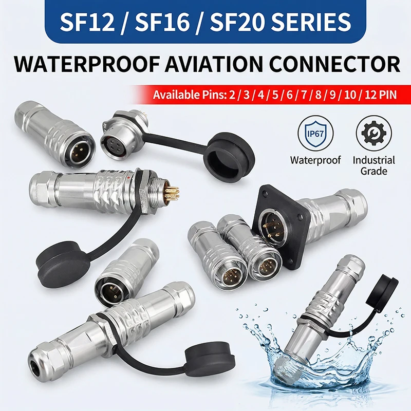 SF12/SF16/SF20 Series Metal Circular Connectors – 2/3/4/5/6/7/8/9/10/12 Pin IP67 Waterproof Male & Female Plugs for Industrial