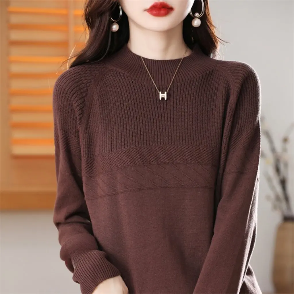 

Women's Cotton Knitted Sweater Vintage Jacquard Half Turtleneck Raglan Sleeve Base Shirt Autumn Winter New Style