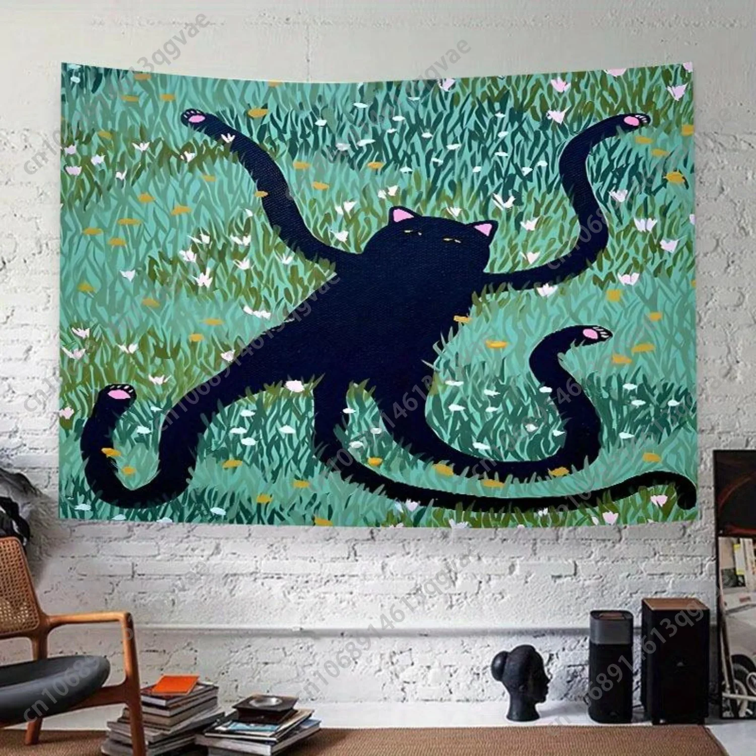 لطيف أنيمي القط الأسود نسيج ديكور الغرفة الجدار الشنق البوليستر السحرية الأخضر العشب نسيج لغرفة المعيشة الديكور المخصص