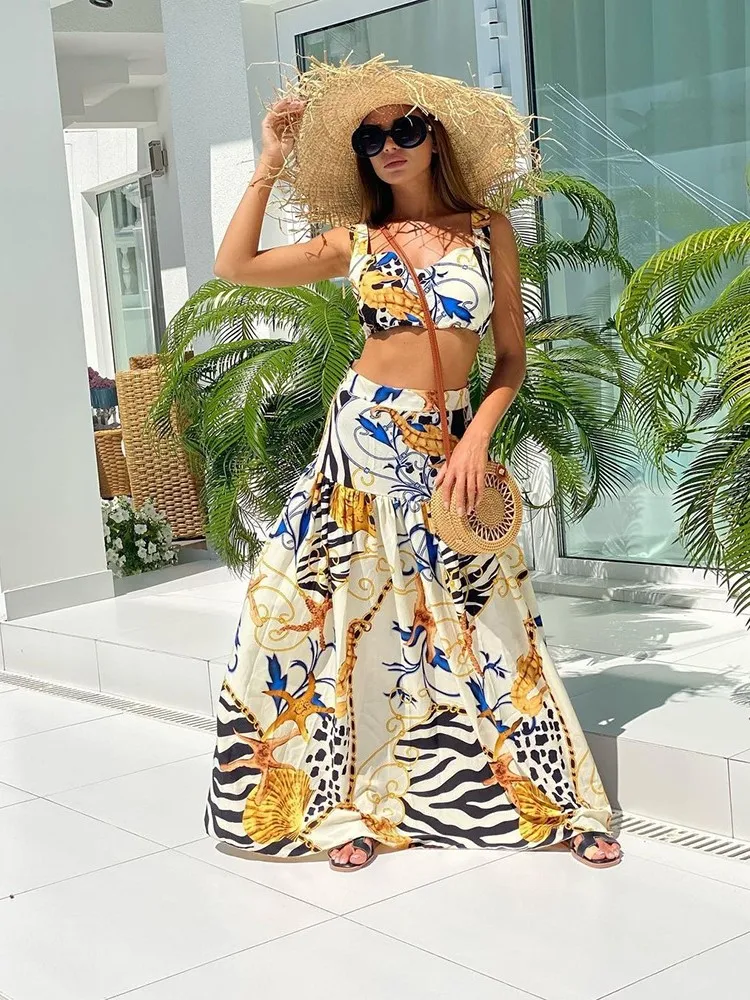 Bohemian Style Print Skirt Two Piece Set For Women Sexy Crop Camisole Casual Beach Holiday A-line Skirts 2 Piece Sets Female New