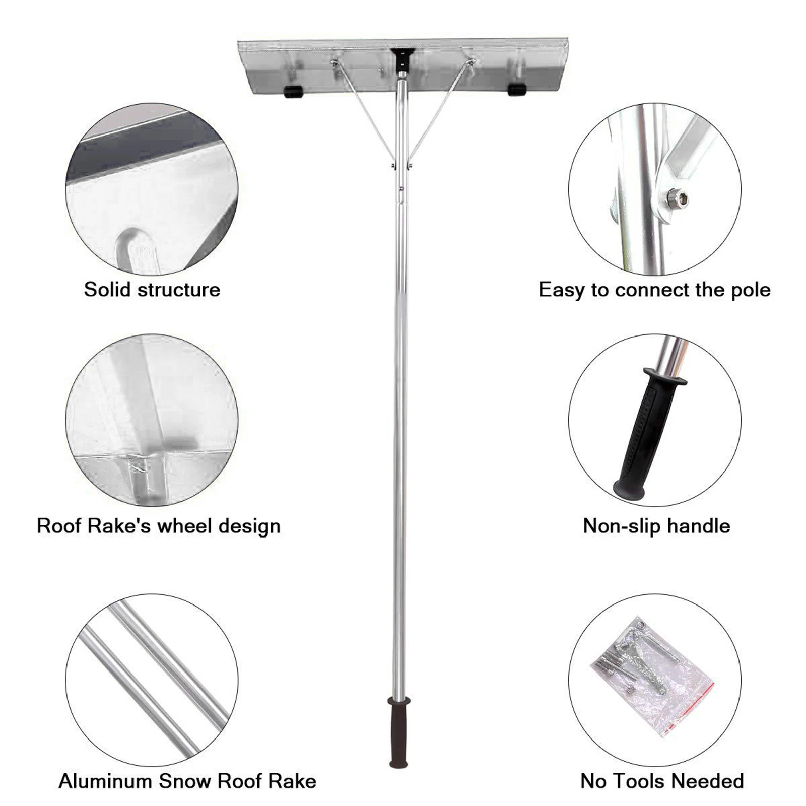 Roof Rake Removal Tool Adjustable with Two Wheels Telescoping Roof Snow Scraper for Driveway Snow House Roof Car Wet Leaves