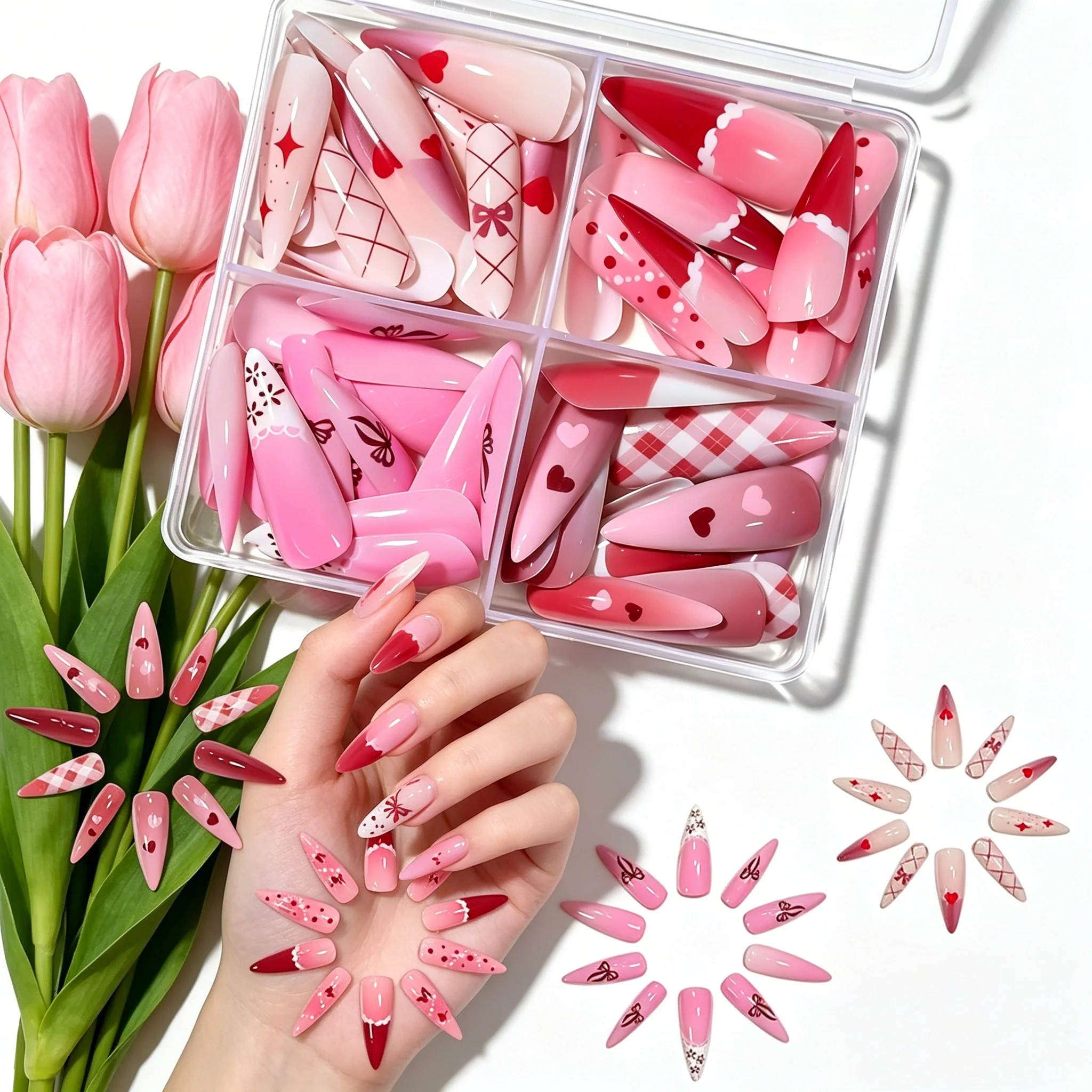 

96Pcs Long Stiletto Fake Press On Nails Cute Sweet Blush Ombre Heart Fake Nails Bow Lace Grid Pattern Glossy Pre-made False Nail