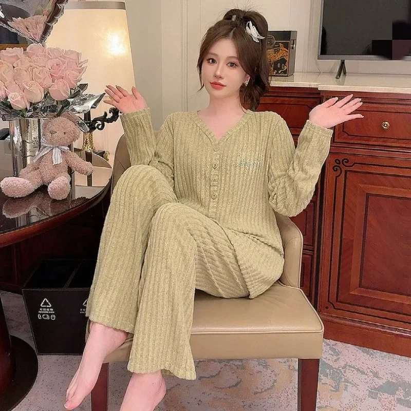 

New Pajamas Women's Spring Autumn Long-Sleeved Solid Color Pure Desire Style Simple Homewear Suit V-neck Loose Sleepwear Set