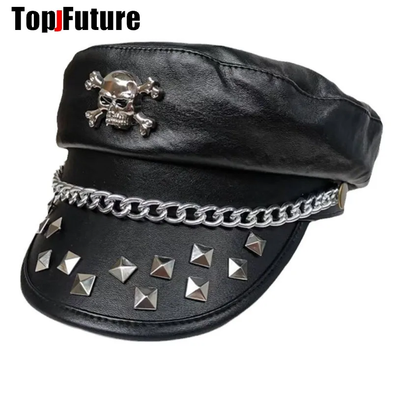 Harajuku Gothic Lolita Cool Punk  Skull Spike Cap Biker NewsBoy hip pop Cap Mens Women Unisex Beret PU Leather Steampunk Cap