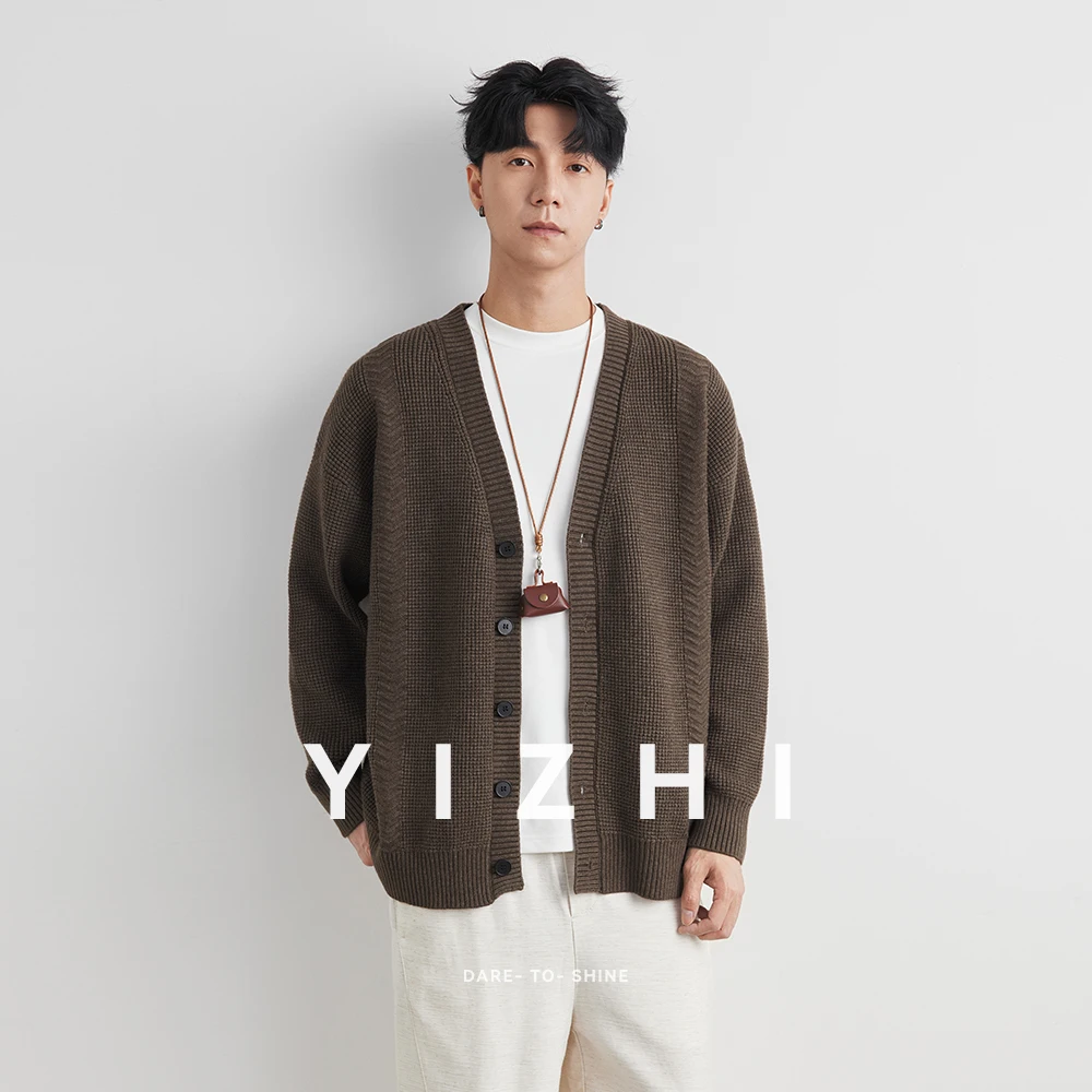 Men's Knitted Cardigan Sweater Jacket 2025 Autumn New Korean Style Casual Loose V-neck Long Sleeve Top Solid Color Sweater Men