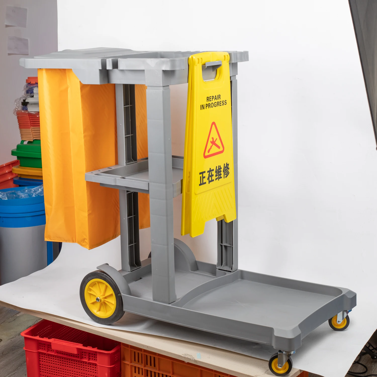 2025 مجموعة كومبو للدراسة المنزلية عربة تنظيف متعددة الوظائف مع دلو ممسحة وعلامة تحذير للفندق والمستشفى