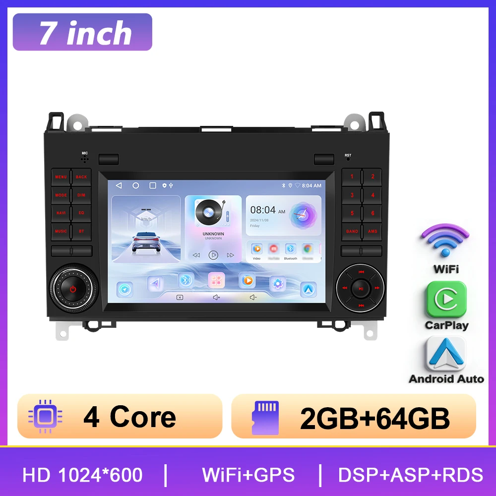 Podofo Carplay Videospeler Autoradio Radio 2din 7" Autoradio voor Mercedes Benz B200 W245 W169 2004-2012 Viano VITO W639 GPS BT