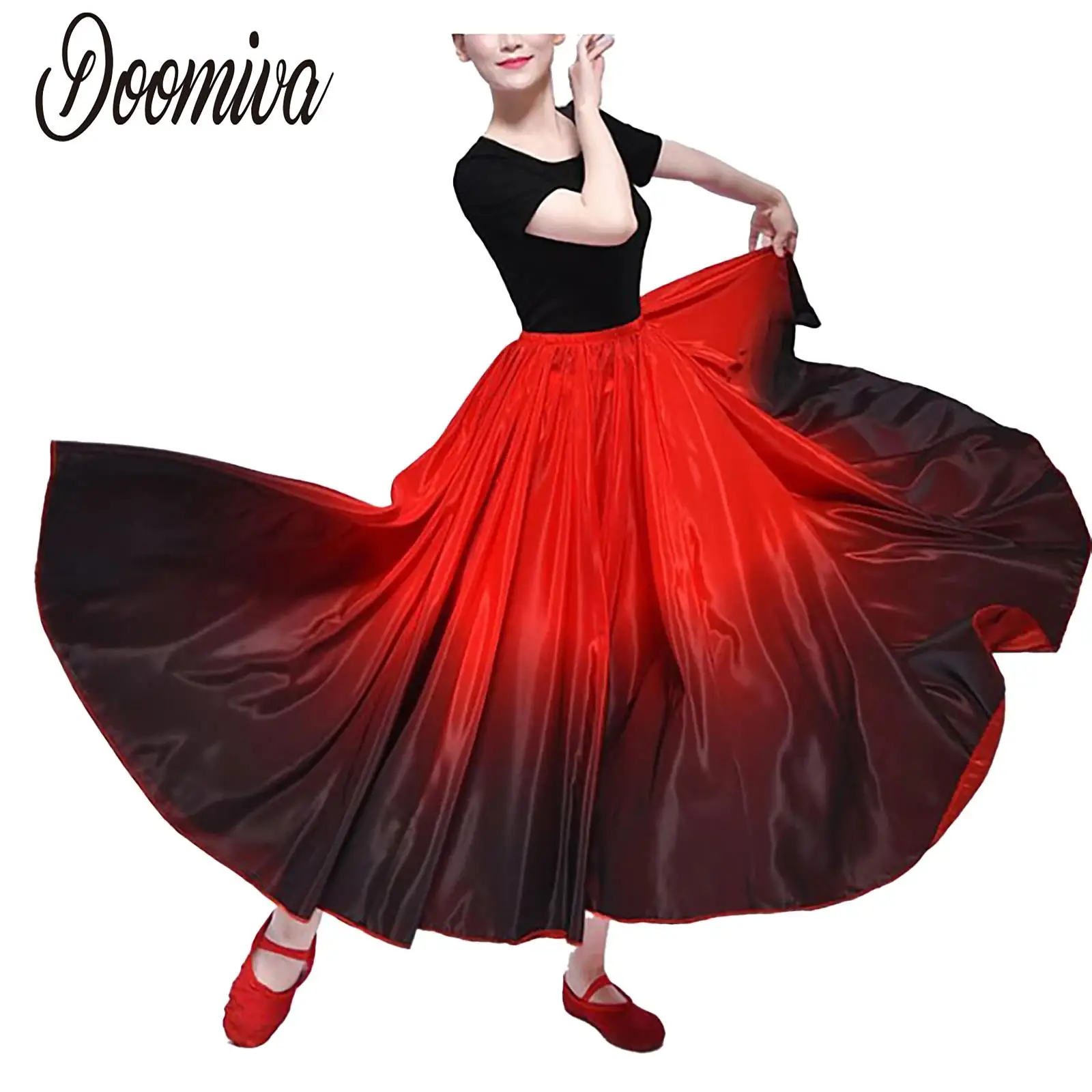 Women's Spanish Dance Long Skirts Flamenco Ballroom Dance Wear Stage Performance Costume Contract Color Wide Hemline Skirts 360D