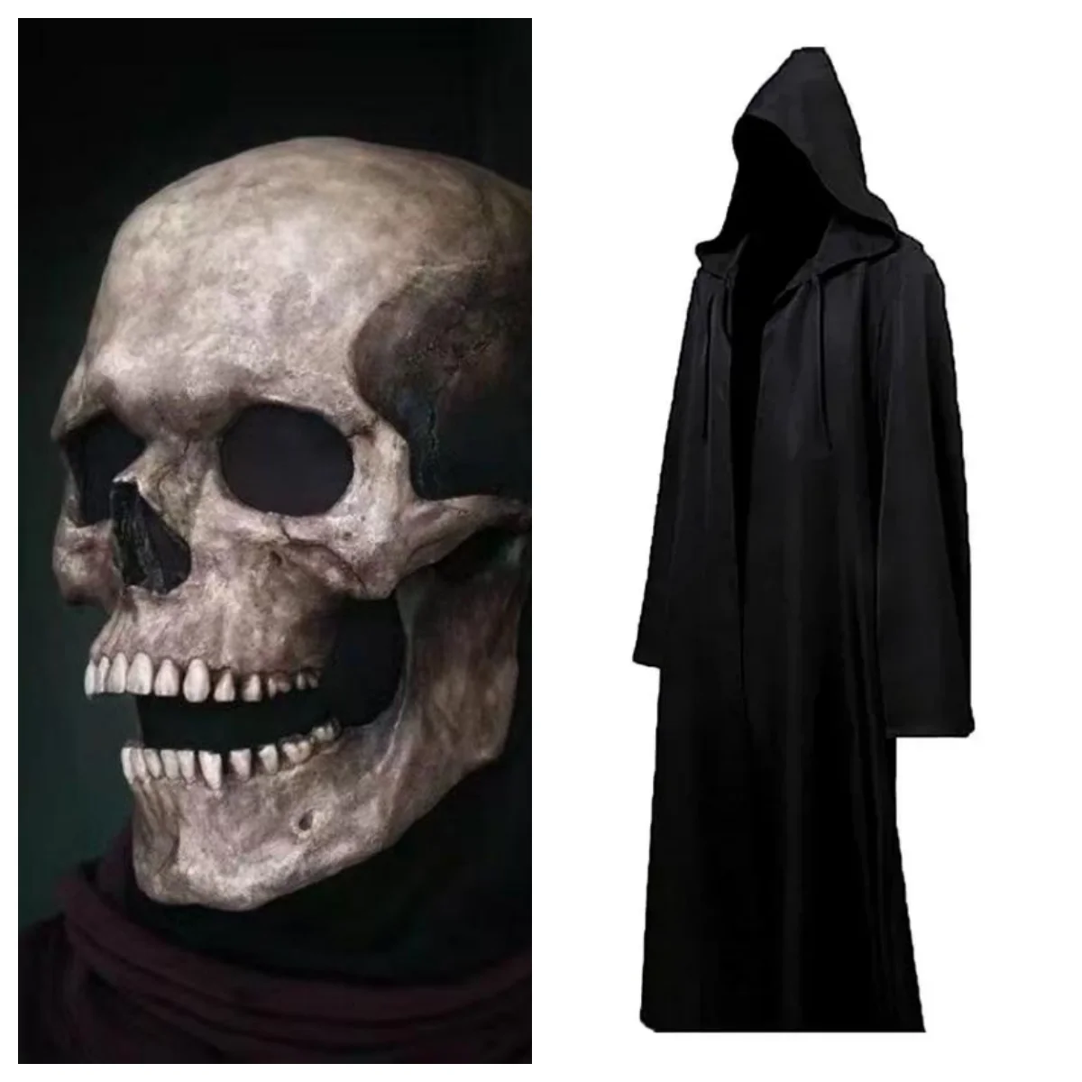 Horror Props Costume Halloween Cosplay Skeleton Mask Hooded Robe Ghost Cloak Long Shicosplayrt for Escape Room Haunted House NPC