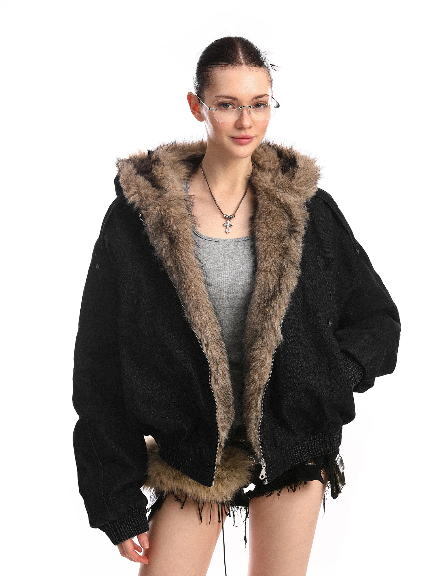 

Зимнее женское пальто Thiened American Sle Furry с капюшоном, хлопковое, с узором «Горный орел», свободного кроя, на молнии, теплое