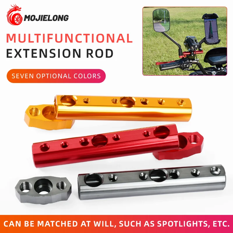 Universal extension bracket for rearview mirror installation. Motorcycle, crossbeam spotlight, rearview mirror, extender base.