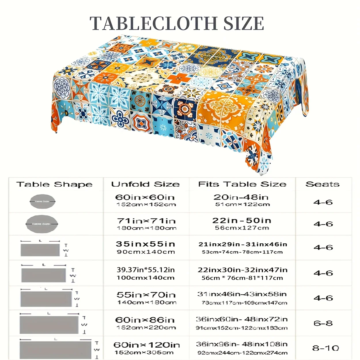 1pc Mediterranean Spanish Tile Pattern Tablecloth - Vibrant Floral & Geometric Design, Wrinkle-Resistant Polyester, 6 Sizes for Indoor/Outdoor Use, Perfect for Parties, Holidays & Home Decor, Decorative Rectangular Table Cloth