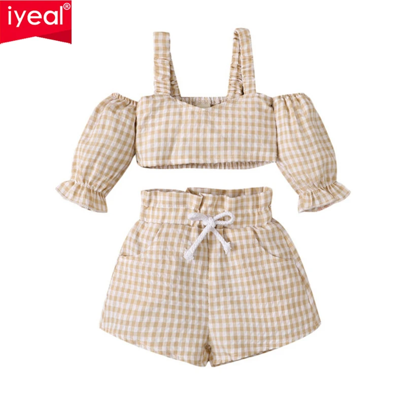 

IYEAL Infant Toddler Baby Girl Clothing Set Fashion Plaid Off Shoulder Tops + Short Pants 2 Pcs Summer Girl Outfit Clothes