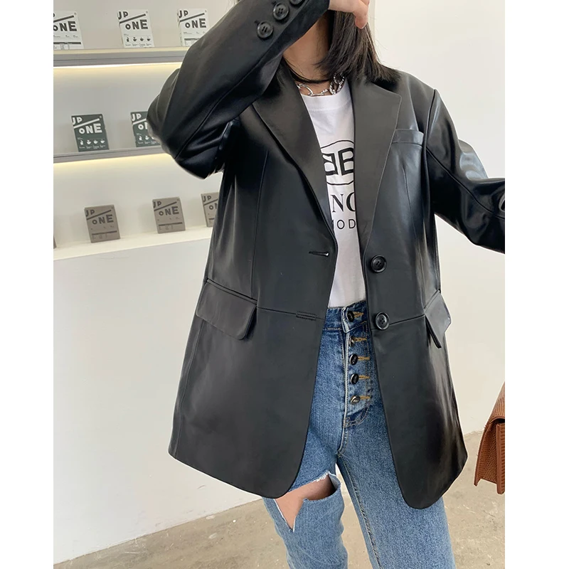 Julypalette 2023 Spring New Genuine Leather Blazer Jackets Coats Fashion Two Button Black Loose Women Sheepskin Leather Outwear