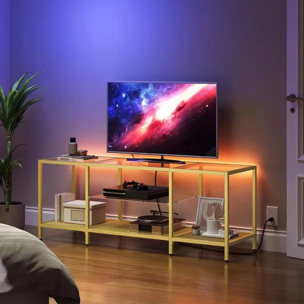 

TV Stand with LED Lights and Power Outlets for TVs up to 65", Modern 55 Inch Tempered Glass TV Console Table with Open Shelves