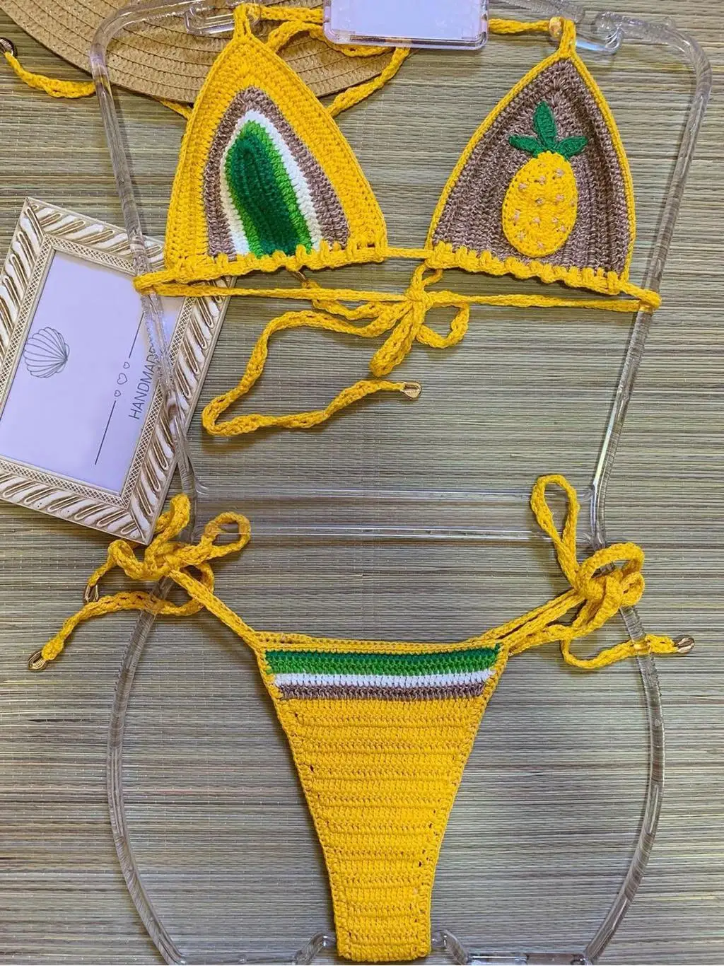 Ensembles de bikini au crochet en tissu pour femmes, maillot de bain sexy, haut réglable, maillots de bain à lacets, rose et jaune, vêtements de plage Boho, 2022