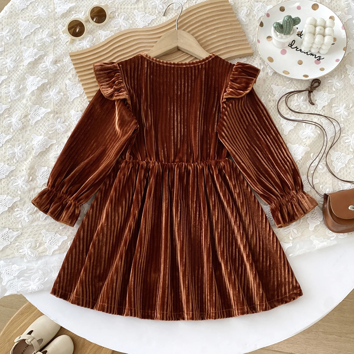 Europe and America Girls Princess Dresses Crewneck Velvet Textured Button-Up Long Sleeve Casual Kids Clothes
