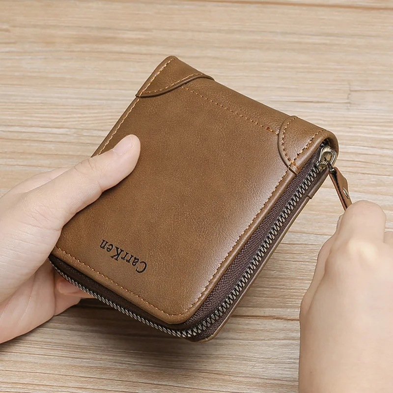 Men's PU Leather Wallet Zipper Small Purse Card Holder Man Coin Purse Man Money Bag Cross Style Multi-function Card Bag
