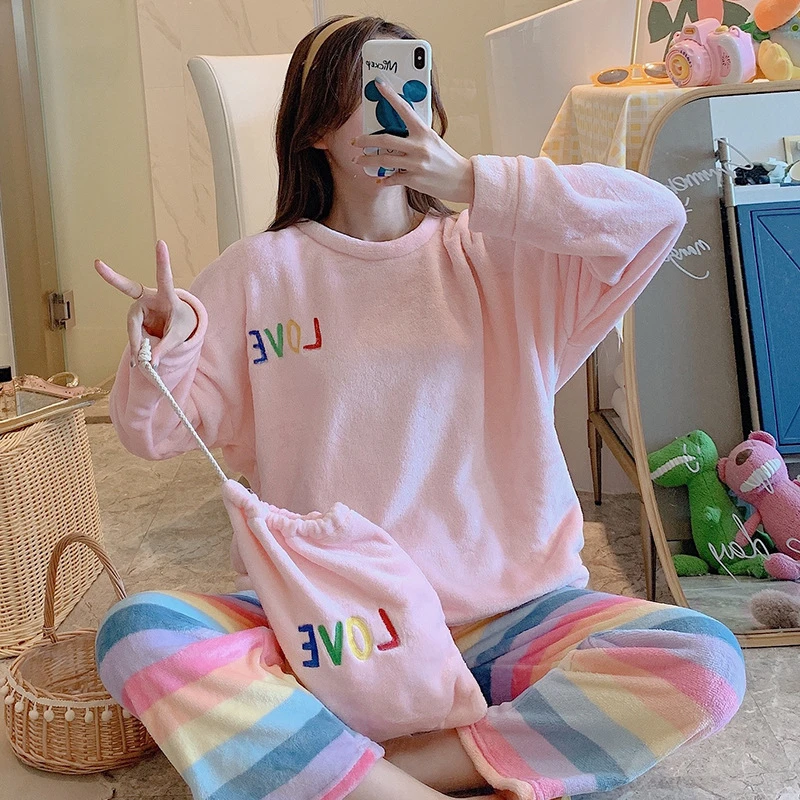 

Rainbow Color Long Pants Winter Spring Fleece Pajamas Set Women Pyjama Suit Girls Sweet Pijama Home Clothes Female Sleepsuit