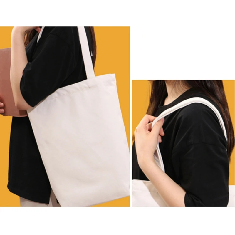 Large Capacity Canvas Shoulder Handbag Folding Eco-Friendly Cotton Tote Bags Reusable DIY Shoulder Bag Grocery Bag Beige Black