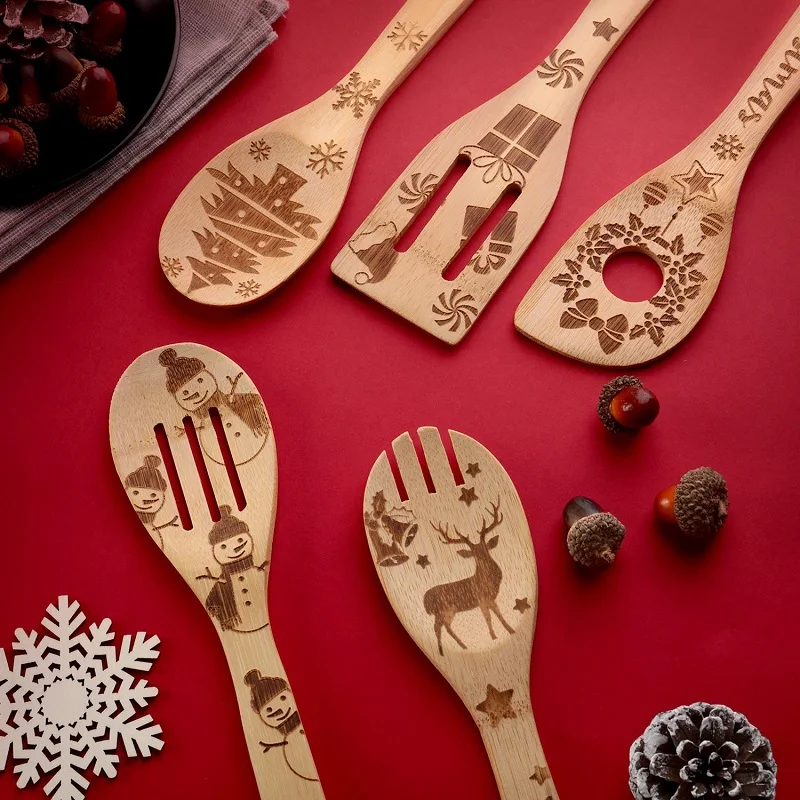 5 Pcs Christmas Wooden Spoons Set Burned Cooking Utensil Spoon Christmas Kitchen Decoration for Xmas Gift Household Kitchen Tool