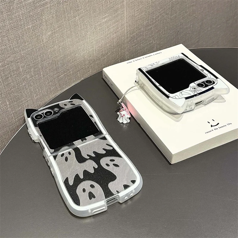 Halloween Ghost Mirror Phone Case For Samsung Z Flip 6 5 4 3 Cover with Charm Silicone Cute Cases For Galaxy Z Flip4 Flip5 5G
