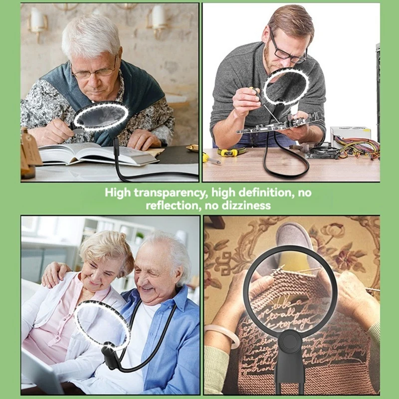 Lupa Flexible de cuello portátil con 24 luces LED, lupa HD portátil, joyería de lectura para personas mayores