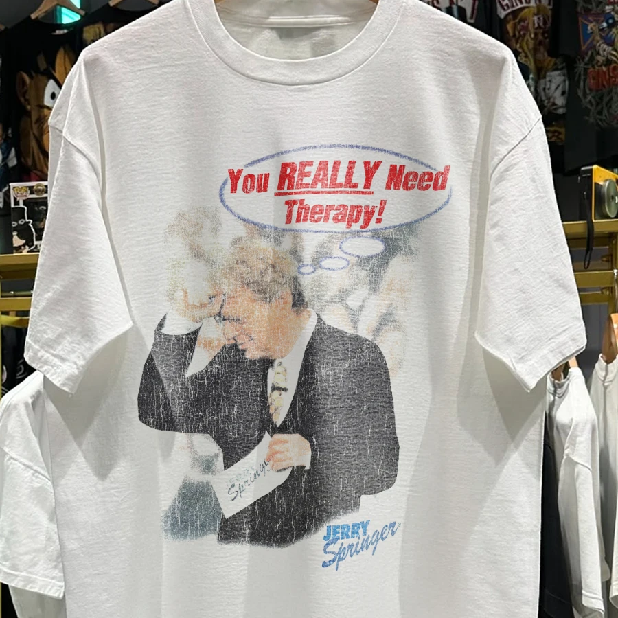 90s Jerry Springer 'You Really Need Therapy' Rare Washed White T-Shirt Style Underground Print Loose Retro Summer