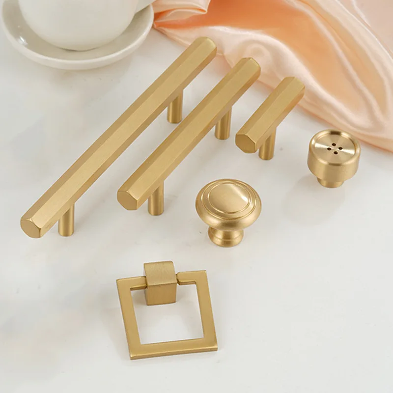 Hexagon Solid Brushed Brass Furniture Handles Cabinet Knobs T bar Kitchen Wardrobe Appliance Pull