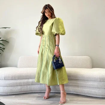 Özelleştirilmiş Jiayigong Balo Saten Dökümlü A-line O-Boyun Ismarlama Durum Elbisesi Midi Elbiseler