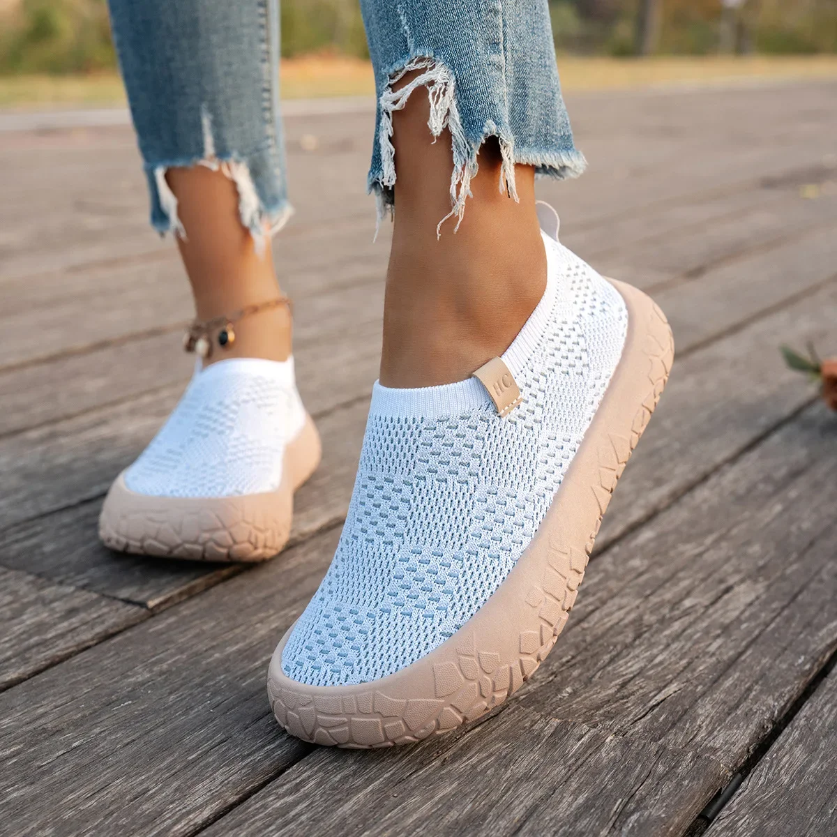 Atmungsaktive Damen-Slip-On-Sneaker mit Plateau, dicker Gummisohle, leicht, rutschfest, für Outdoor, Walking, Alltag und Freizeit – Detail 4
