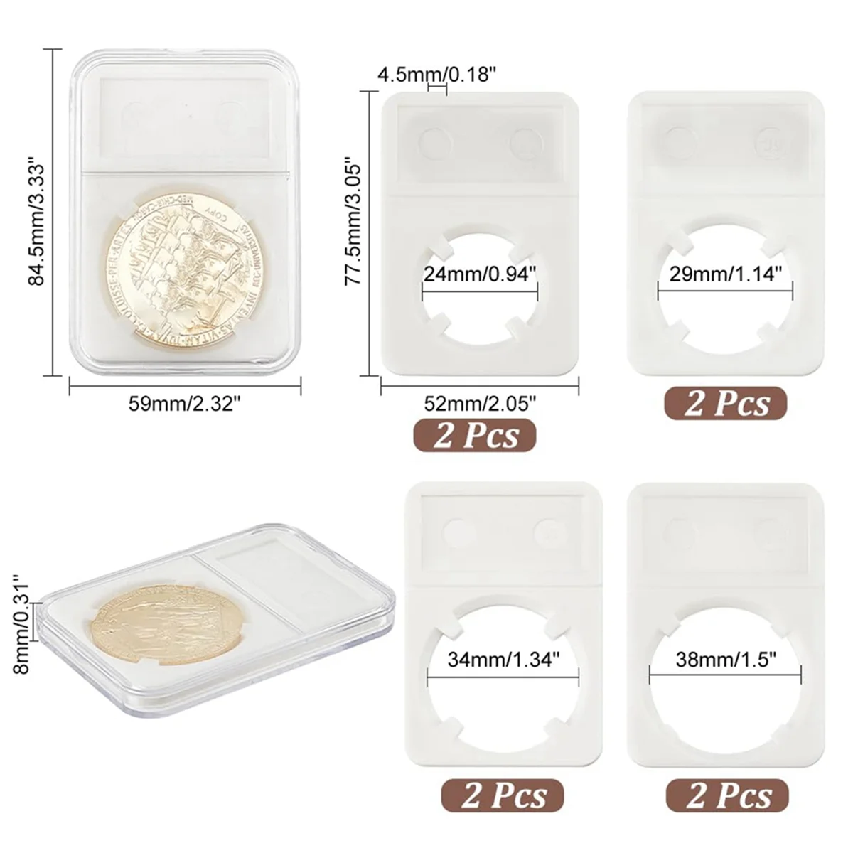 

8Pcs Coin Slab Snap Display Holder, 4 Size White Coin Cases for Collectors Coin Display Box Plastic Dollar Coin Holder