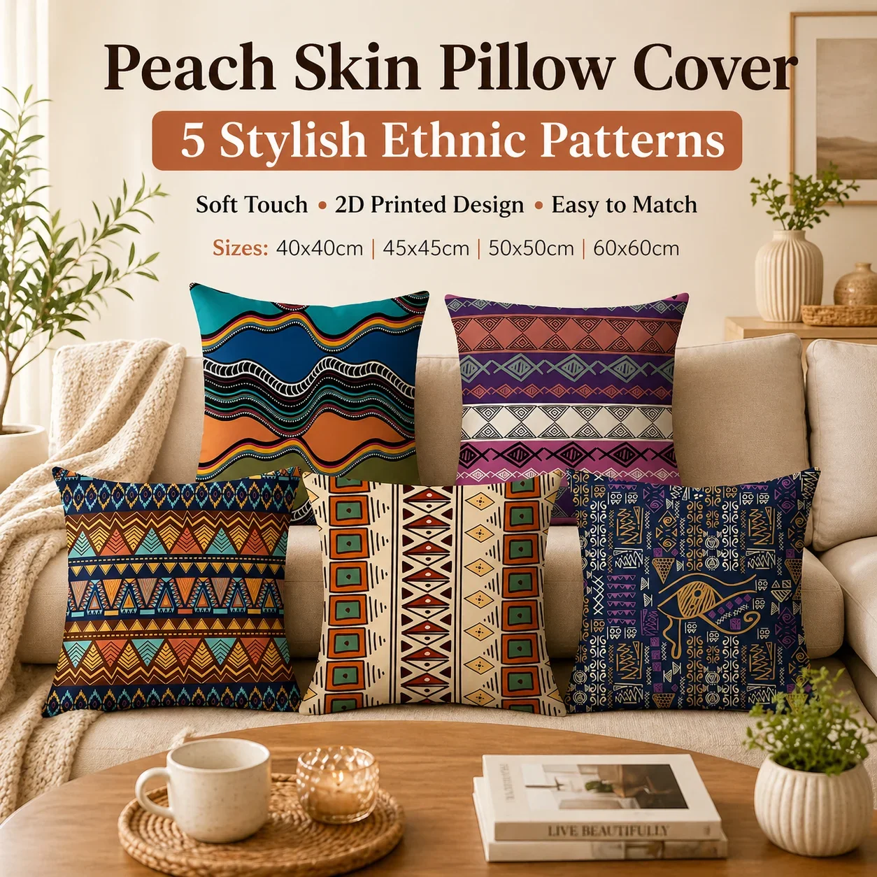 Ethnic Aztec 2D Flat Printed Peach Skin Pillow Cover Boho Colorful Geometric Cushion Case for Sofa Living Room Decor