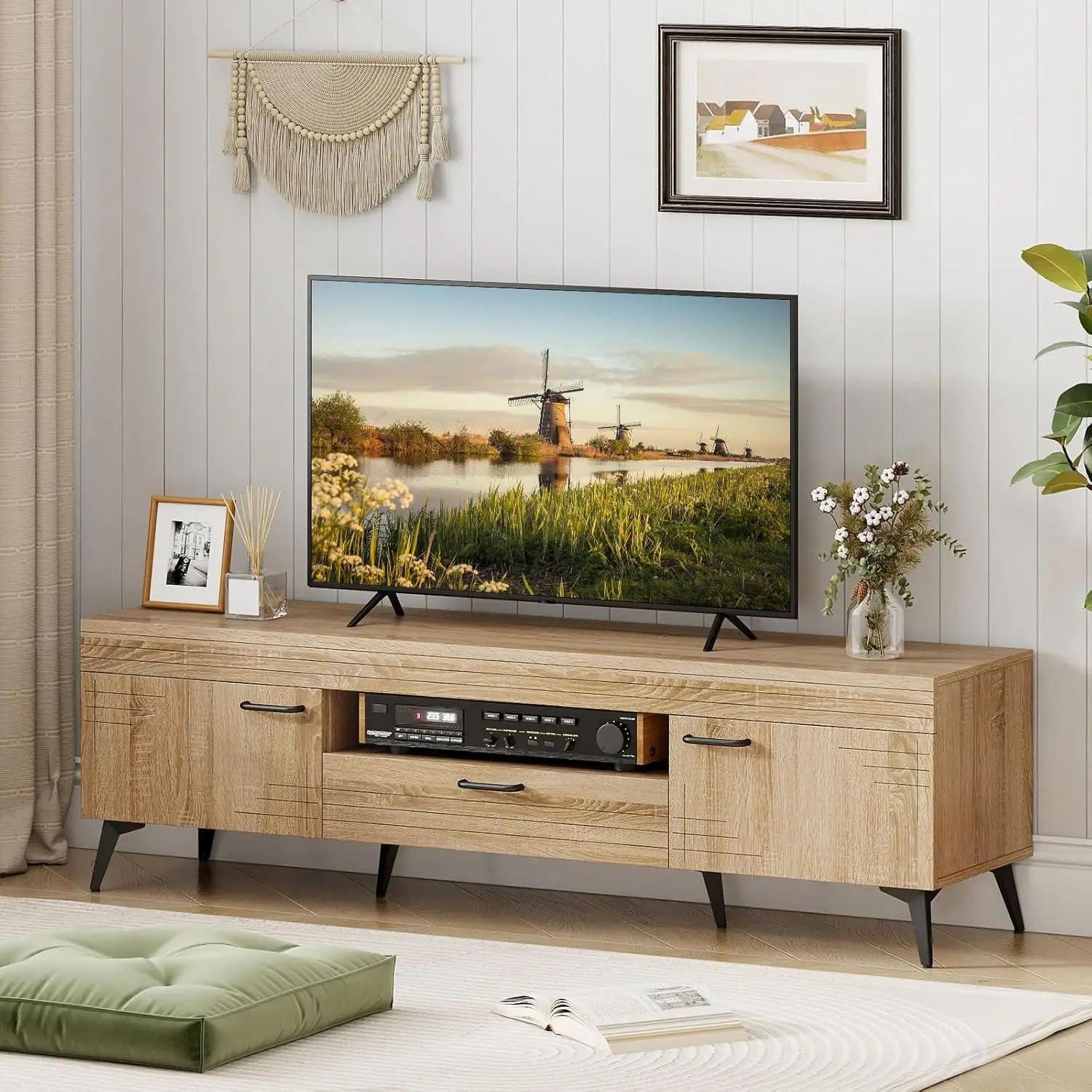 Giantex TV Stand for 65 Inch TV, Mid Century Modern Entertainment Center with Carved Patterns, 2 Cabinets, 1 Drawer and