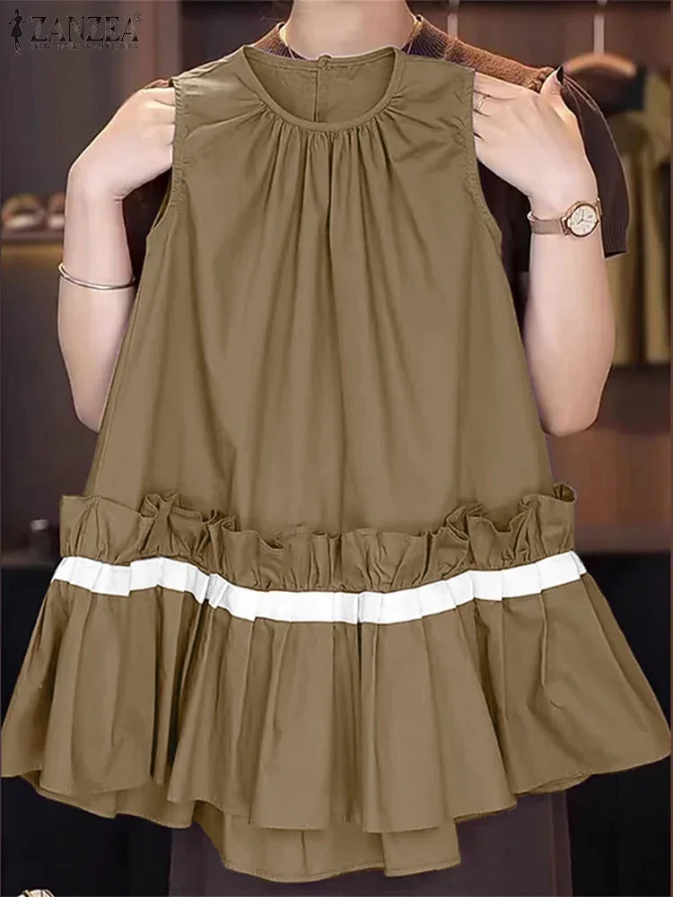ZANZEA été sans manches Robe débardeur mode volants couture plissée Robe 2025 col rond Mini Robe décontracté coréen Sweety Robe d'été
