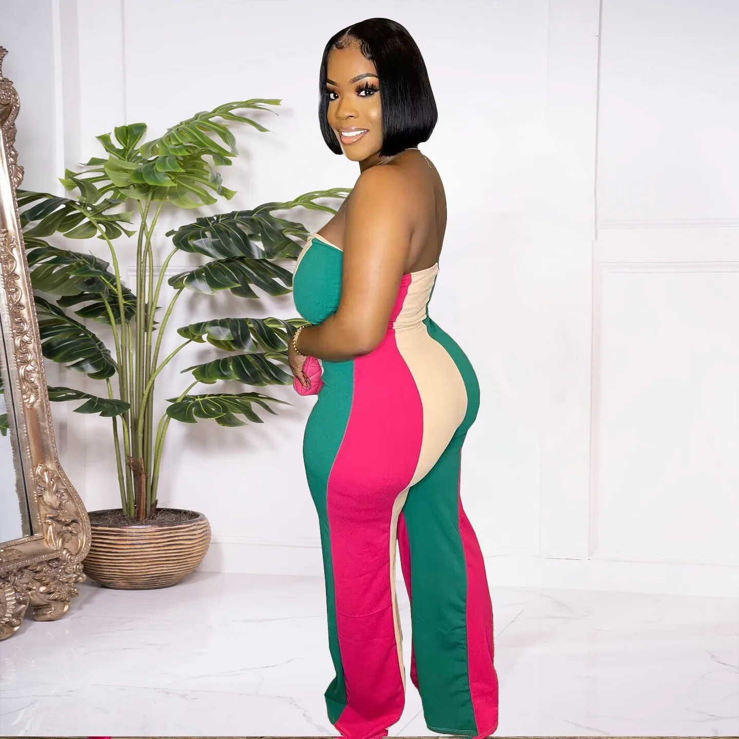 Y5251 المرأة بلا أكمام الطباعة الرقمية بوستير واسعة الساق بذلة أزياء تصميم تحديد المواقع مثير #3