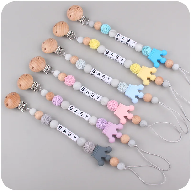 Personalized Name Baby Pacifier Clips Silicone Crown BPA Free Dummy Nipple Holder Clip Chain Teething Toys Newborn Accessories