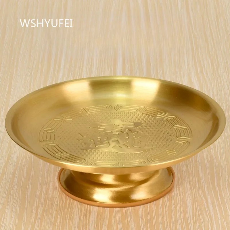 Copper Golden Metal Offering Plate with Relief Pattern High Footed Altar Tray for Fruit Incense and Buddhist Shrine Decor