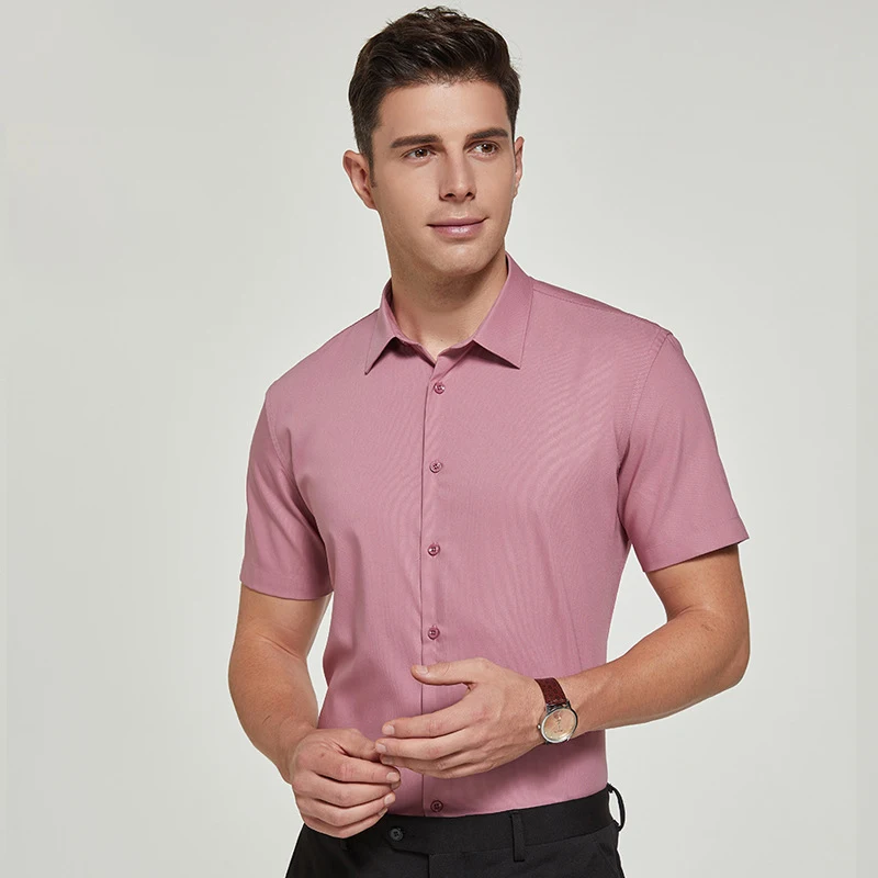 Bambus Faser Anti-Falten Männer Kleid Shirt Kurzarm Slim Fit Nicht-Eisen Einfarbig Grund Business Social formale Shirts