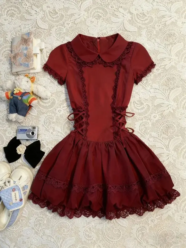 Red Vintage Doll Collar Dress Female Strap Bud Dress