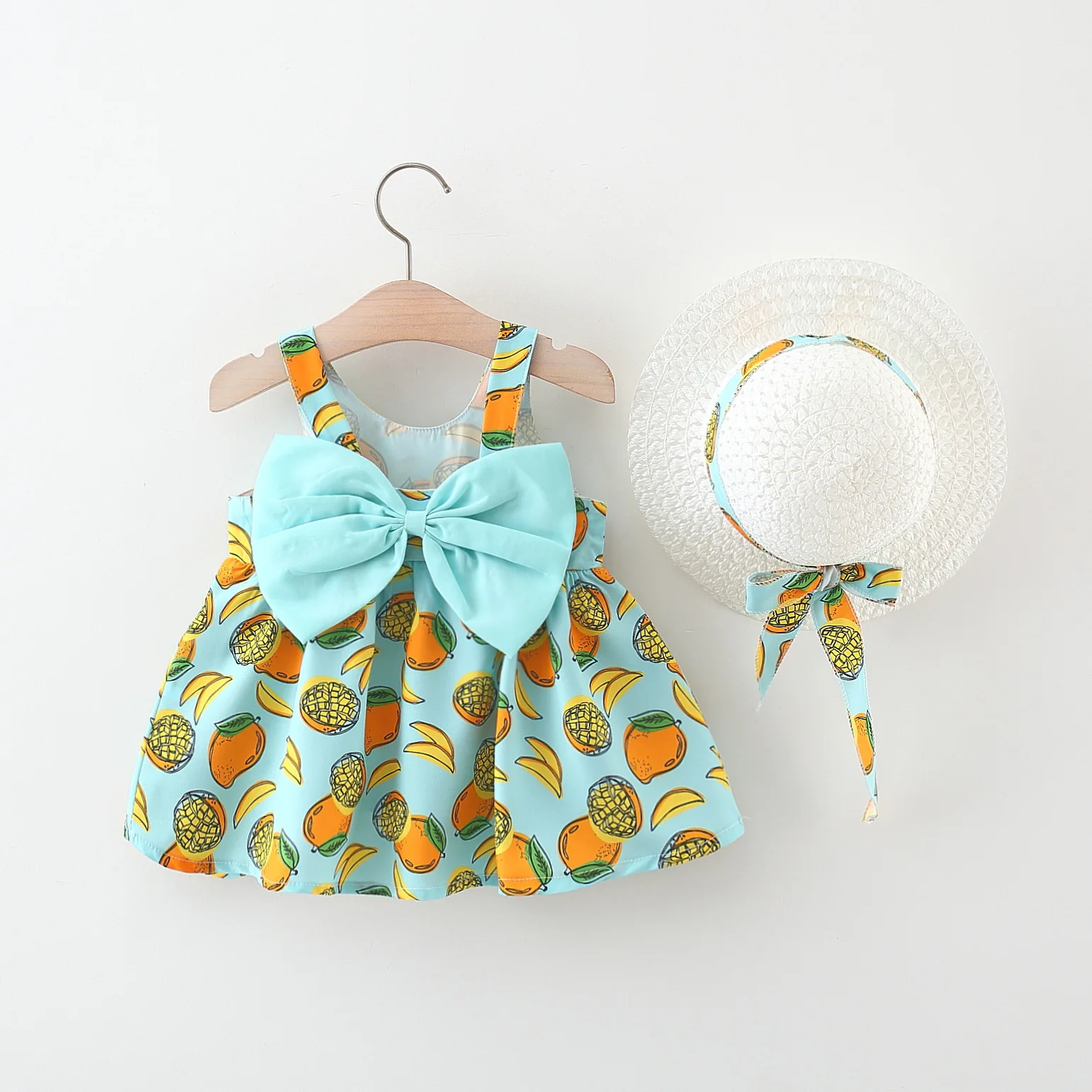 Summer New Girl\'s Round Neck Sleeveless Dress Children\'s Full Print Cute Big Bow Princess Dress and Hat Two Piece Set