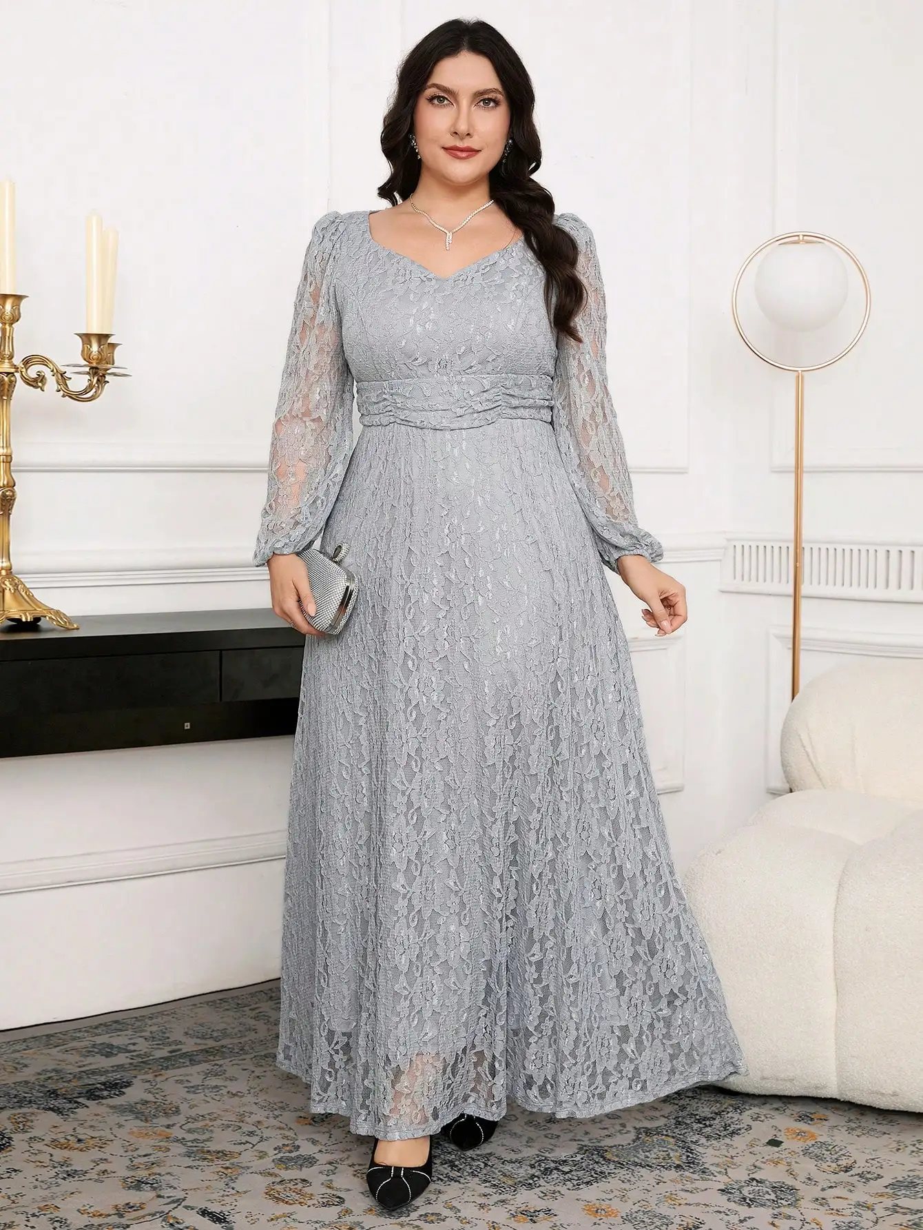 

Plus Size Lace V-Neck Lantern Sleeve Long Elegant Dress in Gray